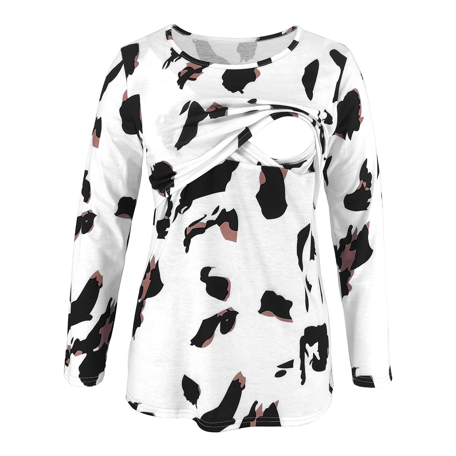 Leopard print long sleeve round neck maternity wear nursing T-shirt-001
