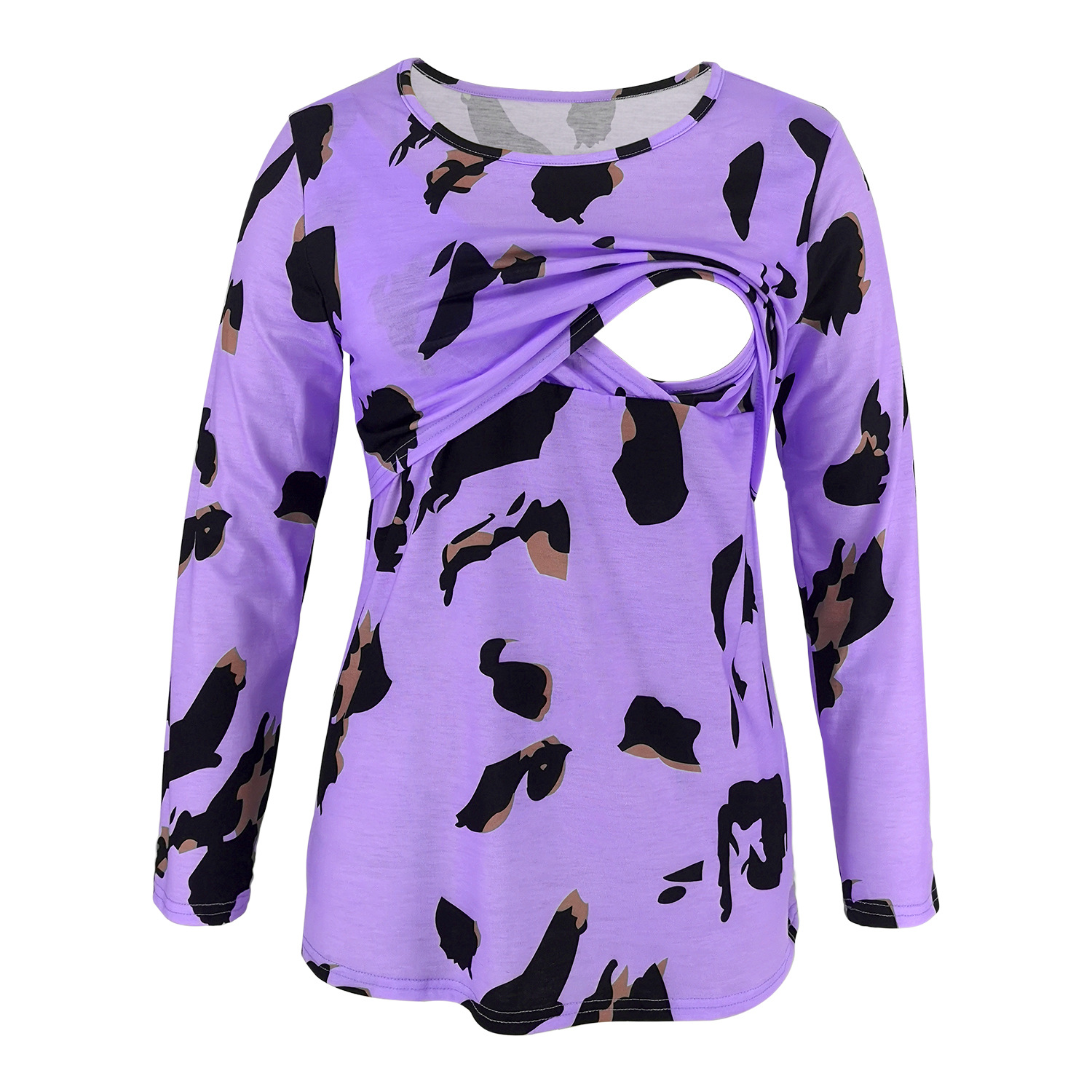 Leopard print long sleeve round neck maternity wear nursing T-shirt-001