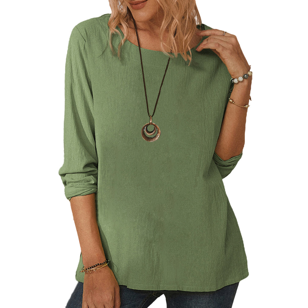 Women's Amazon cotton and linen round neck long sleeve loose T-shirt-006 01