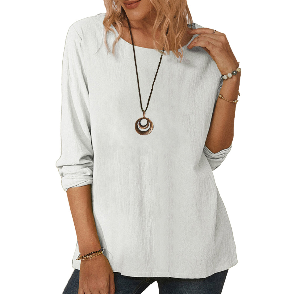 Women's Amazon cotton and linen round neck long sleeve loose T-shirt-006