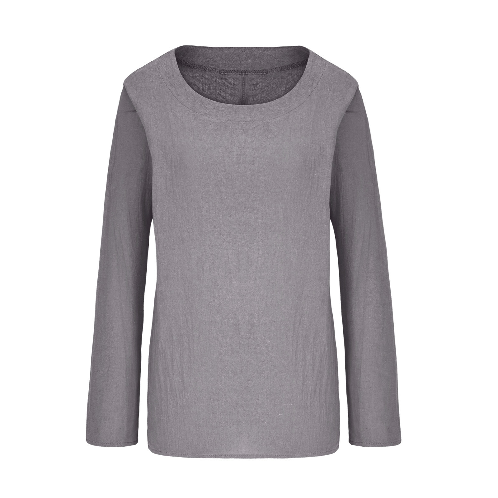 Women's Amazon cotton and linen round neck long sleeve loose T-shirt-006