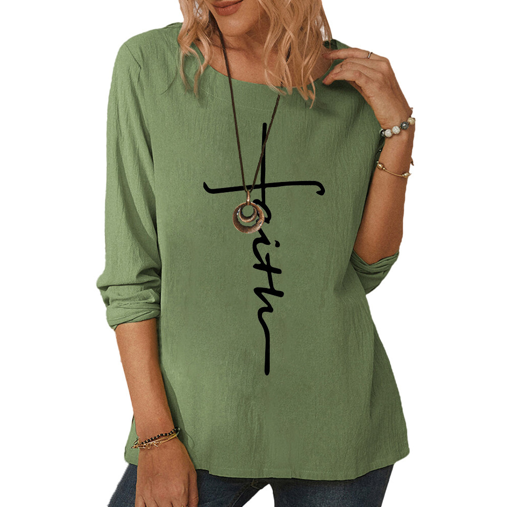 Women's Amazon round neck long sleeve printed casual top loose T-shirt-007 01