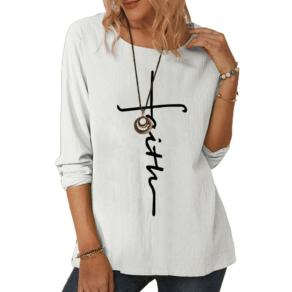 Women's Amazon round neck long sleeve printed casual top loose T-shirt-007