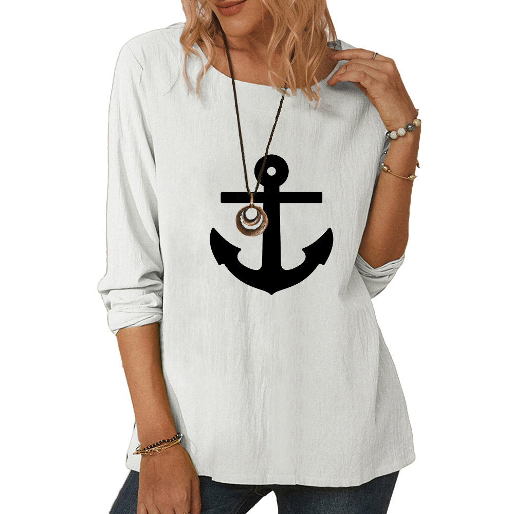 Women's round neck long sleeve anchor print T-shirt casual loose top-011