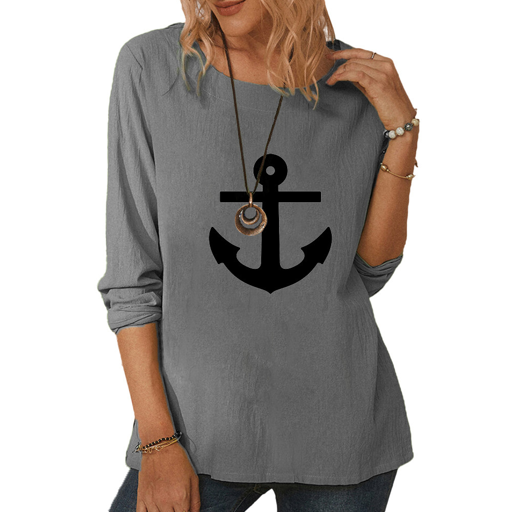 Women's round neck long sleeve anchor print T-shirt casual loose top-011