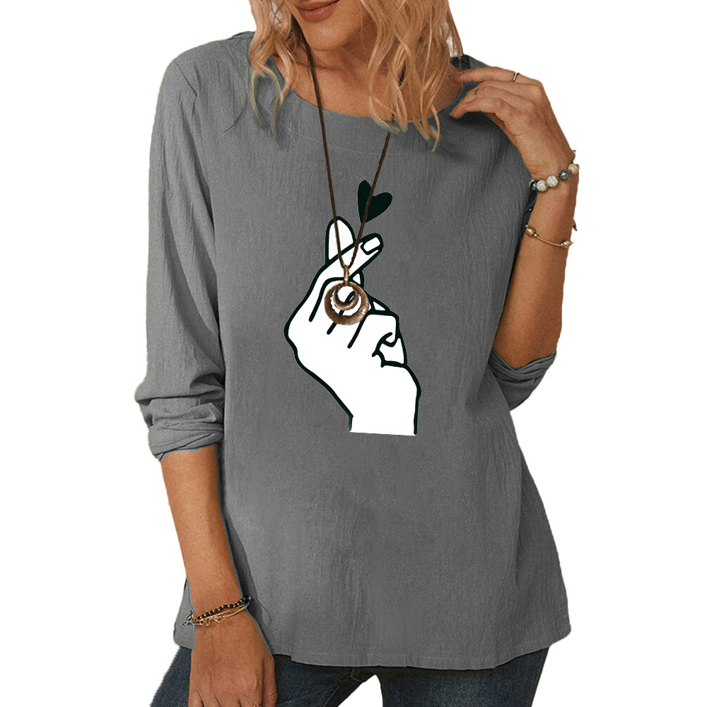 Women's round neck long sleeve love you gesture print casual loose top-010 02