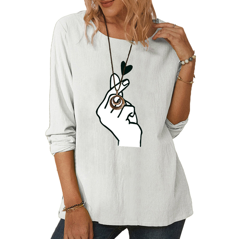 Women's round neck long sleeve love you gesture print casual loose top-010