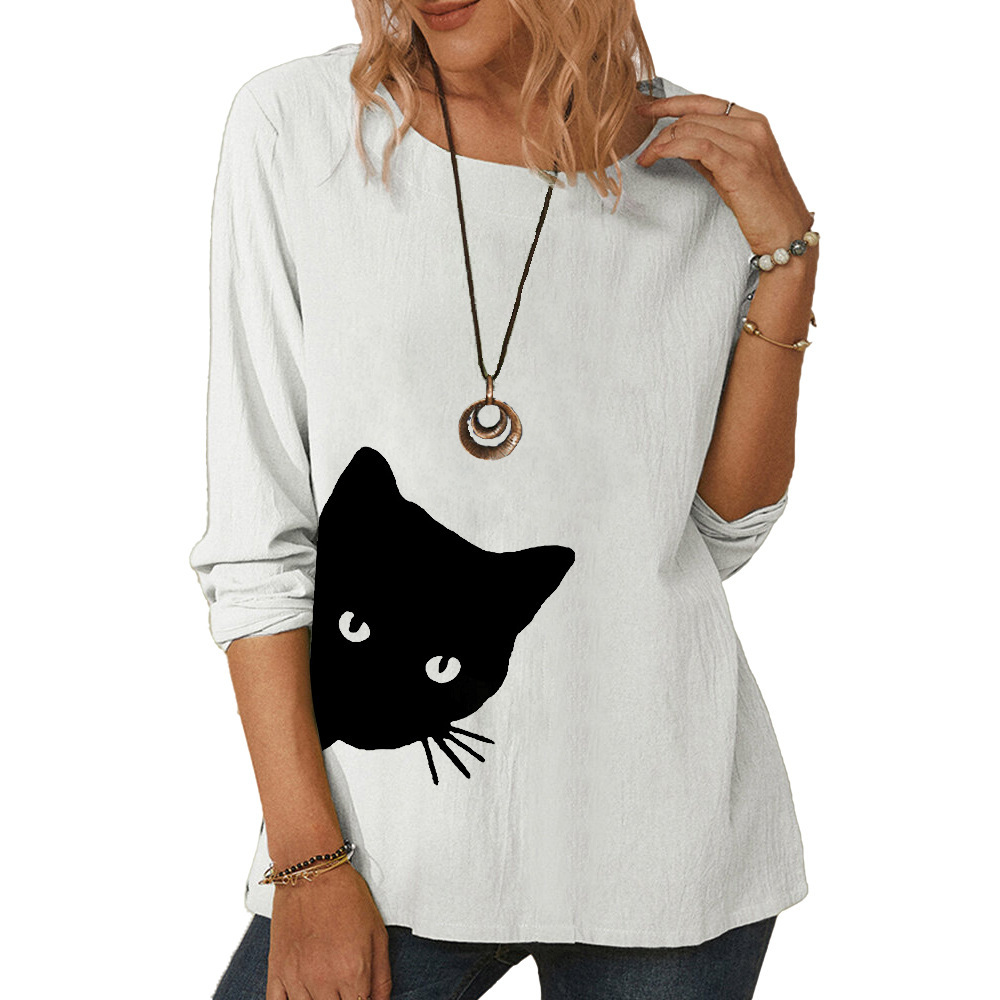 Women's long-sleeved cat head printed T-shirt casual loose top-020 02