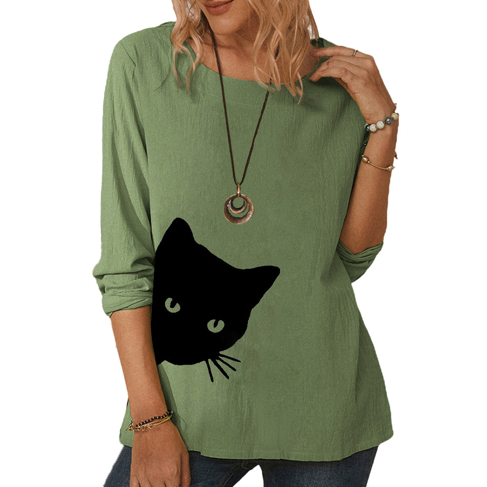 Women's long-sleeved cat head printed T-shirt casual loose top-020 01