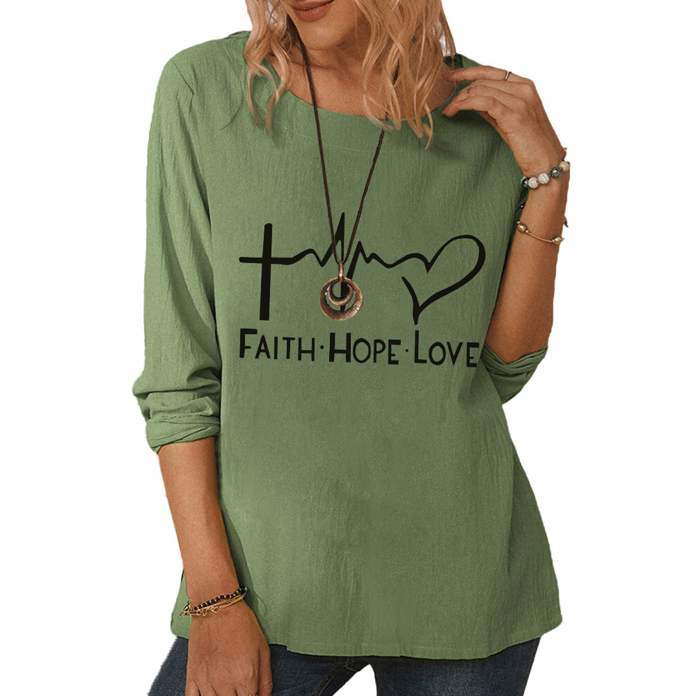Women's round neck long sleeve FaithHopeLove printed loose top-005