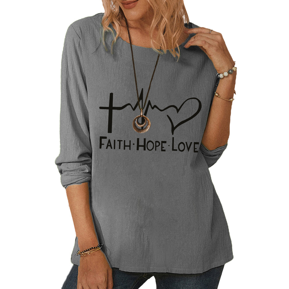 Women's round neck long sleeve FaithHopeLove printed loose top-005 02