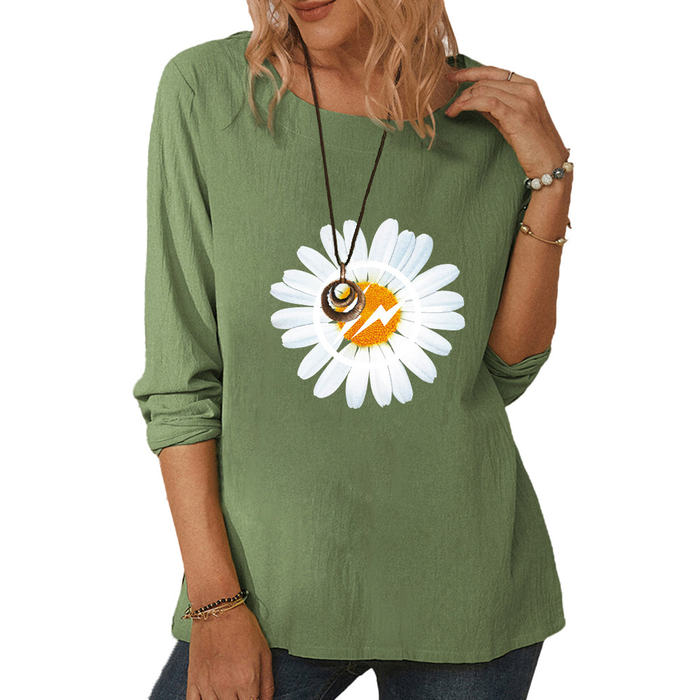 Women's round neck long sleeve lightning daisy print casual loose top-014 01
