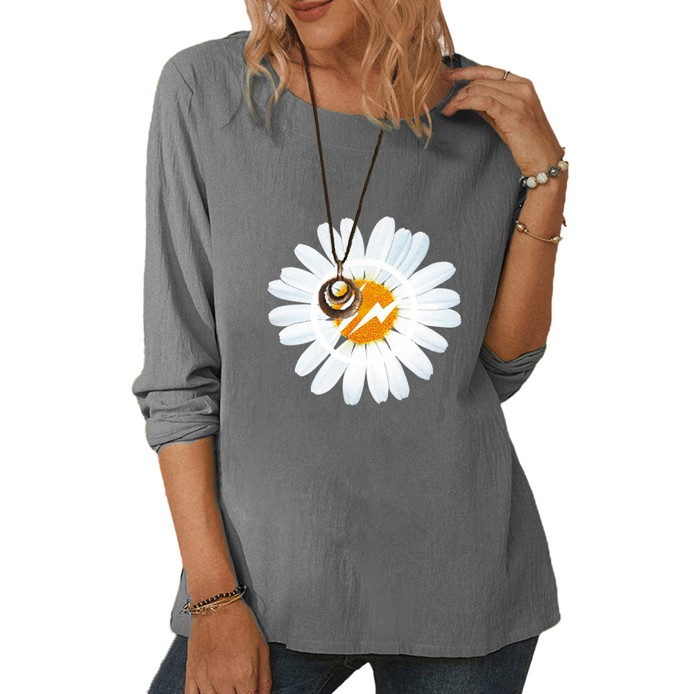 Women's round neck long sleeve lightning daisy print casual loose top-014 02