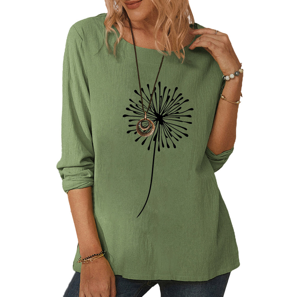 Women's long sleeve dandelion outline print casual loose top-019 01