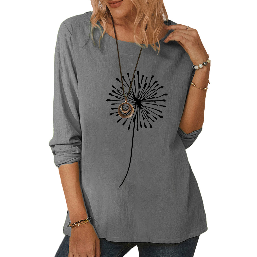Women's long sleeve dandelion outline print casual loose top-019