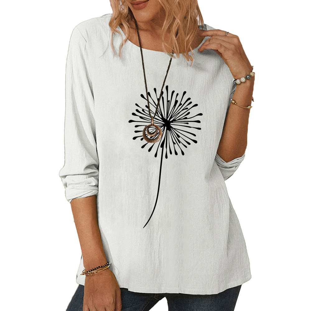 Women's long sleeve dandelion outline print casual loose top-019