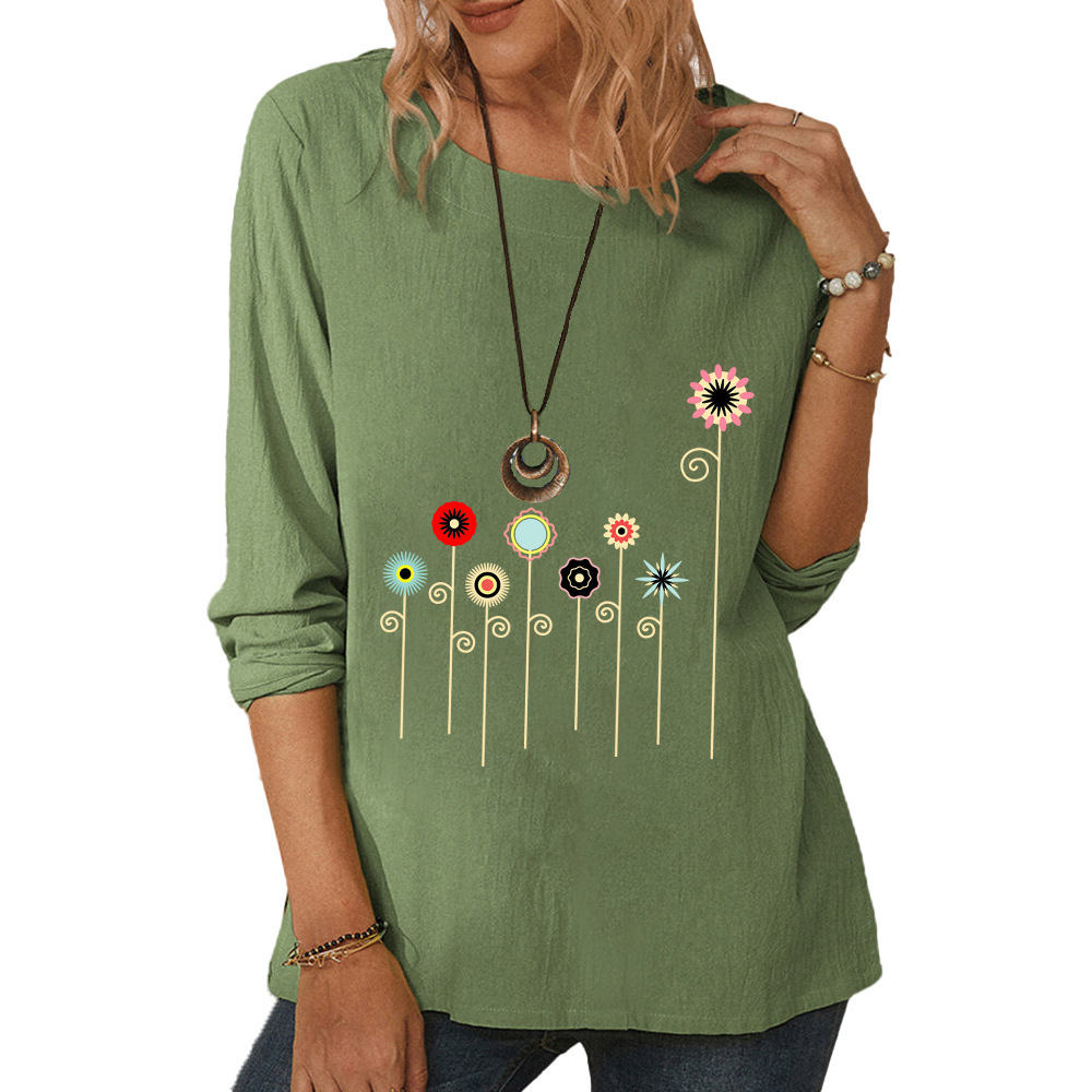 Women's round neck long sleeve floral print casual loose top-012 01