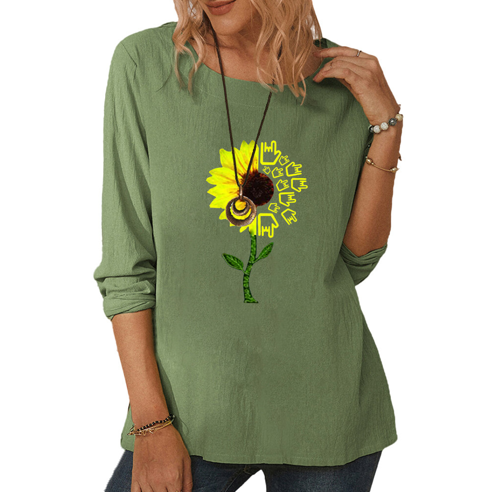 Women's round neck long sleeve chrysanthemum print casual loose top-013 01