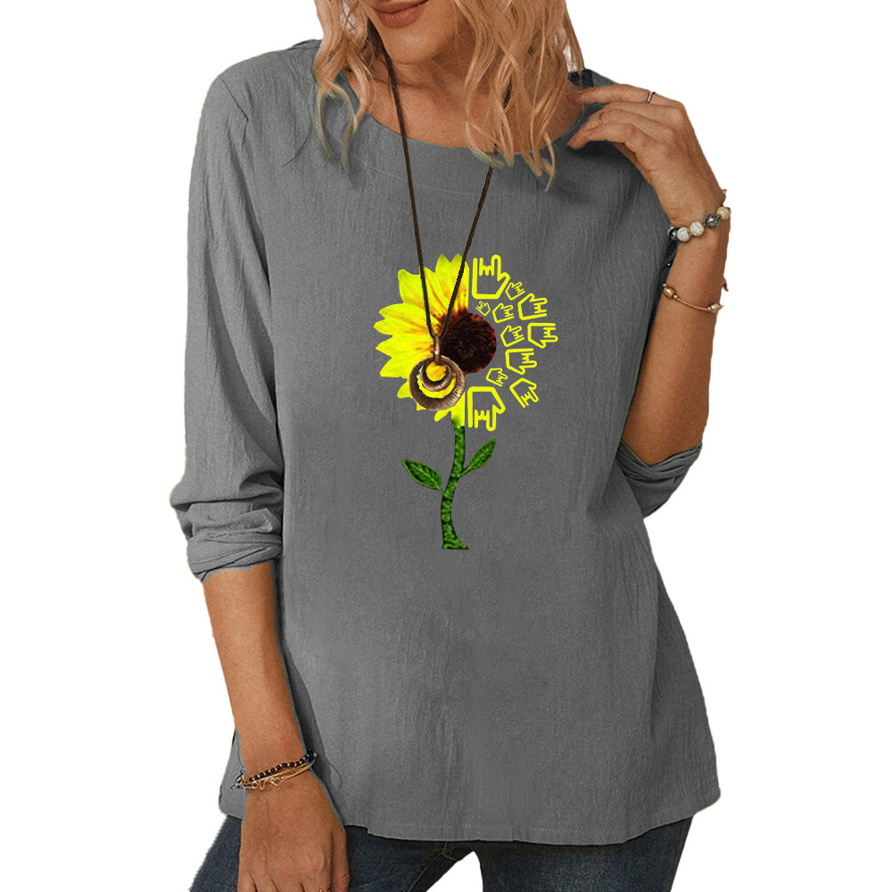 Women's round neck long sleeve chrysanthemum print casual loose top-013 02