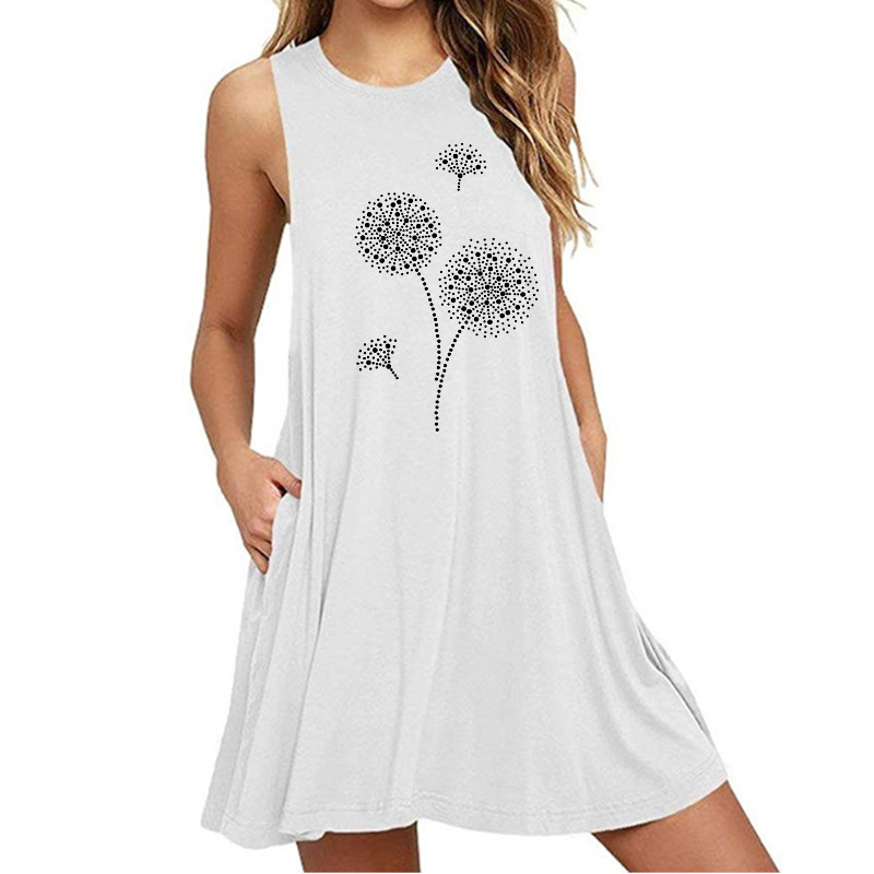 Rennifu dandelion print sleeveless slim fit A-line dress for women-031