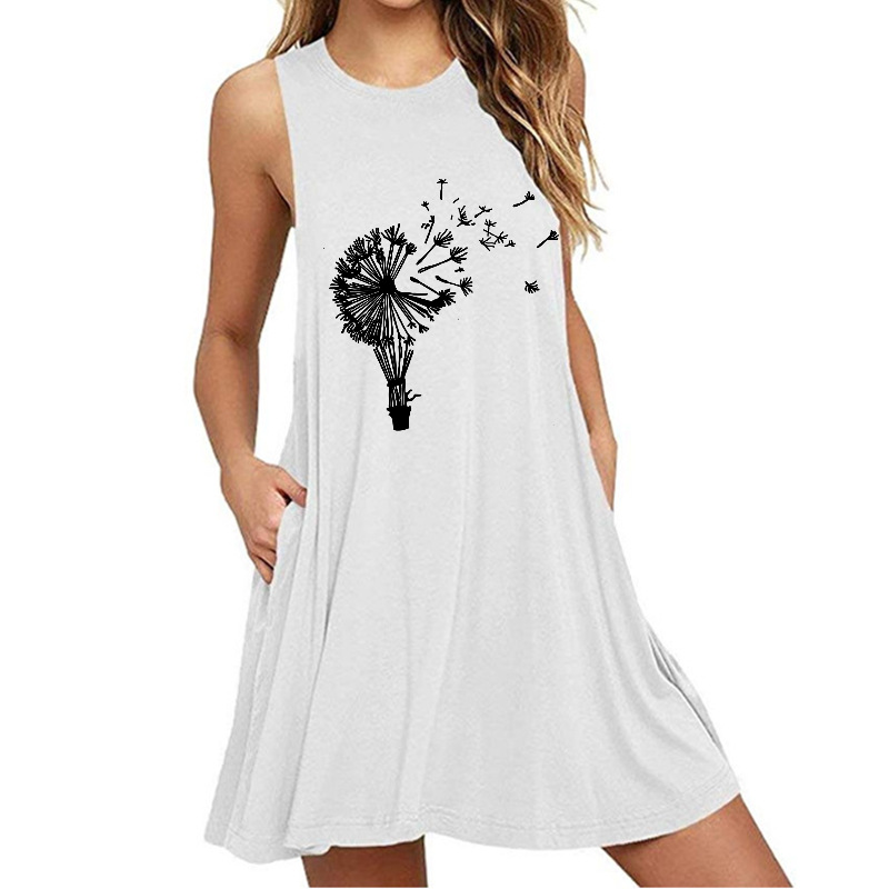 Dandelion print sleeveless slim fit A-line dress female-032