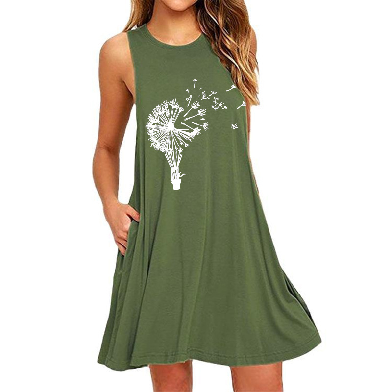 Dandelion print sleeveless slim fit A-line dress female-032