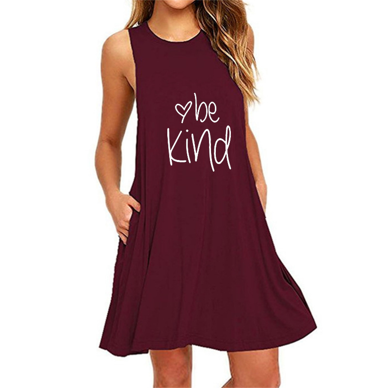 Printed sleeveless slim dress women's pocket-036