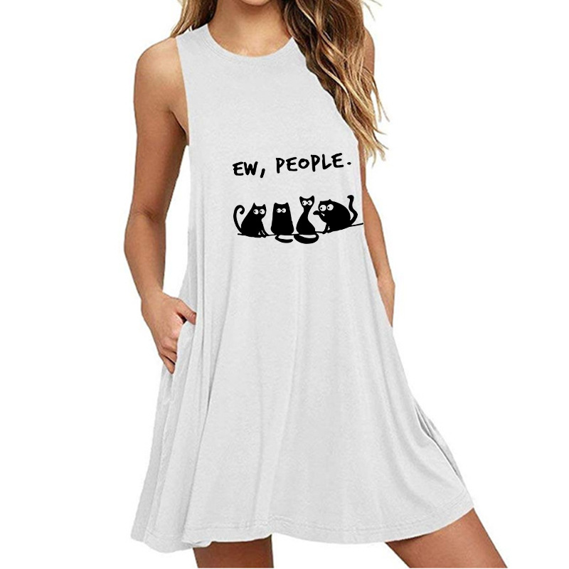 Kitten print sleeveless slim fit A-line pocket dress-035