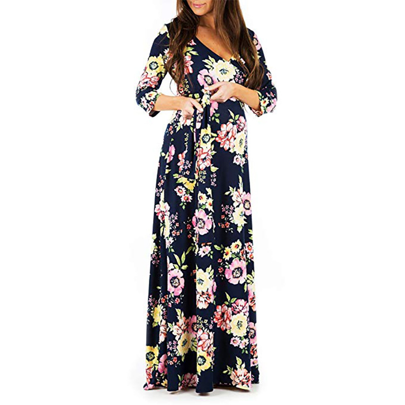 Three-quarter sleeve floor-length dress evening dress printed dress-062 01