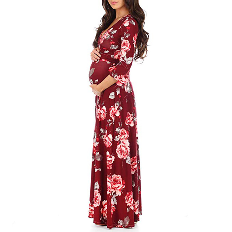 Three-quarter sleeve floor-length dress evening dress printed dress-062
