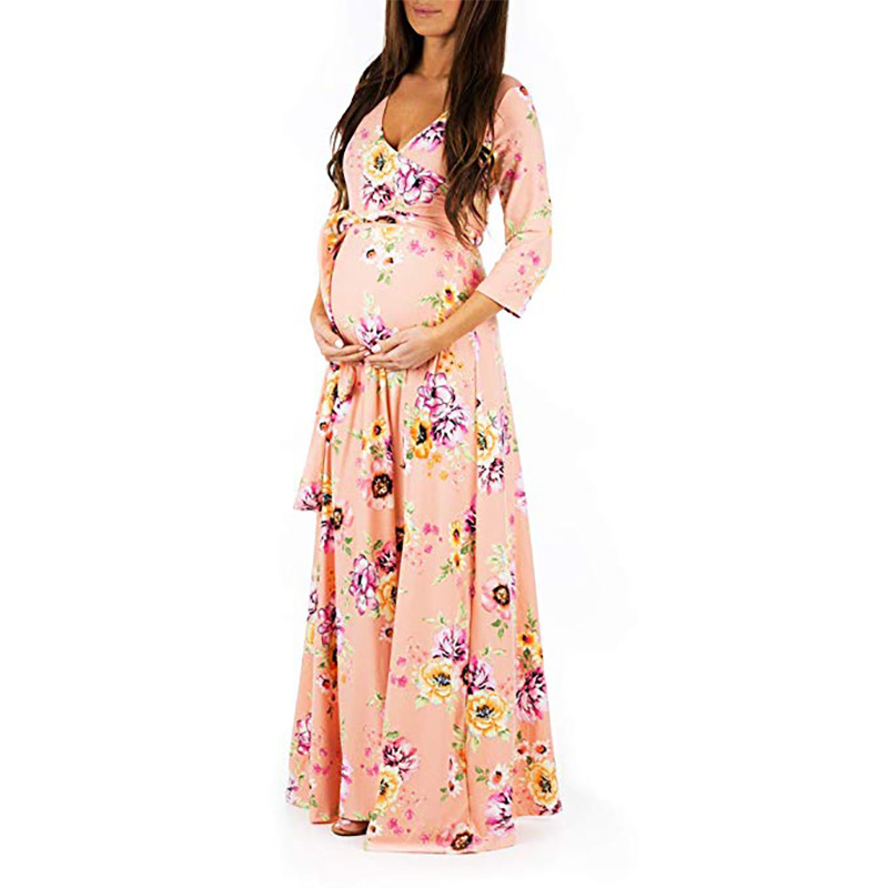 Three-quarter sleeve floor-length dress evening dress printed dress-062