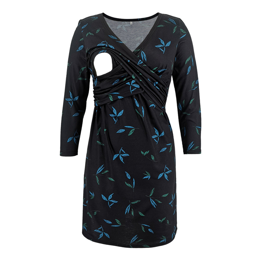 Maternity Printed Deep V Neck Cross Nursing Dress Party Dress-043 01