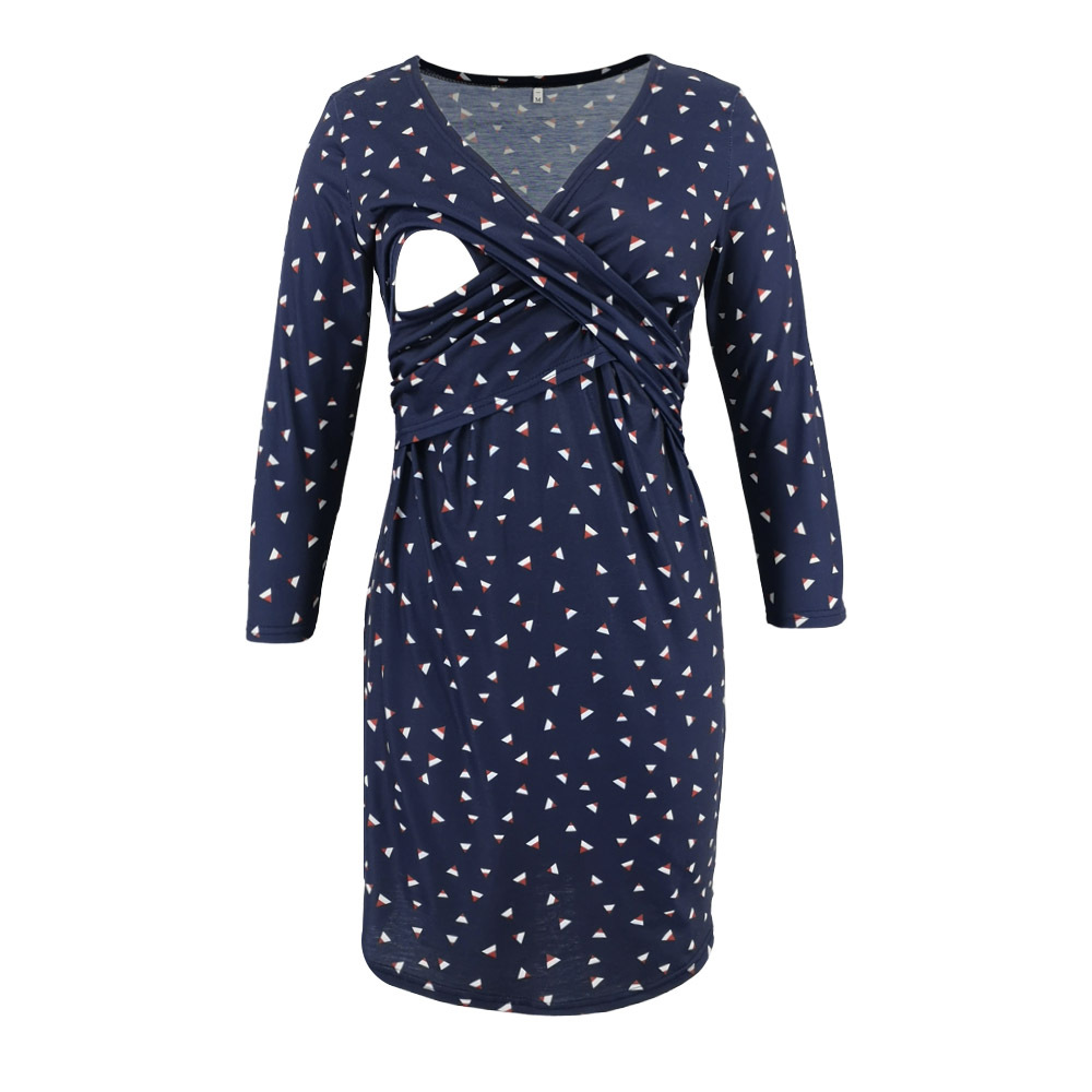 Maternity Printed Deep V Neck Cross Nursing Dress Party Dress-043 02
