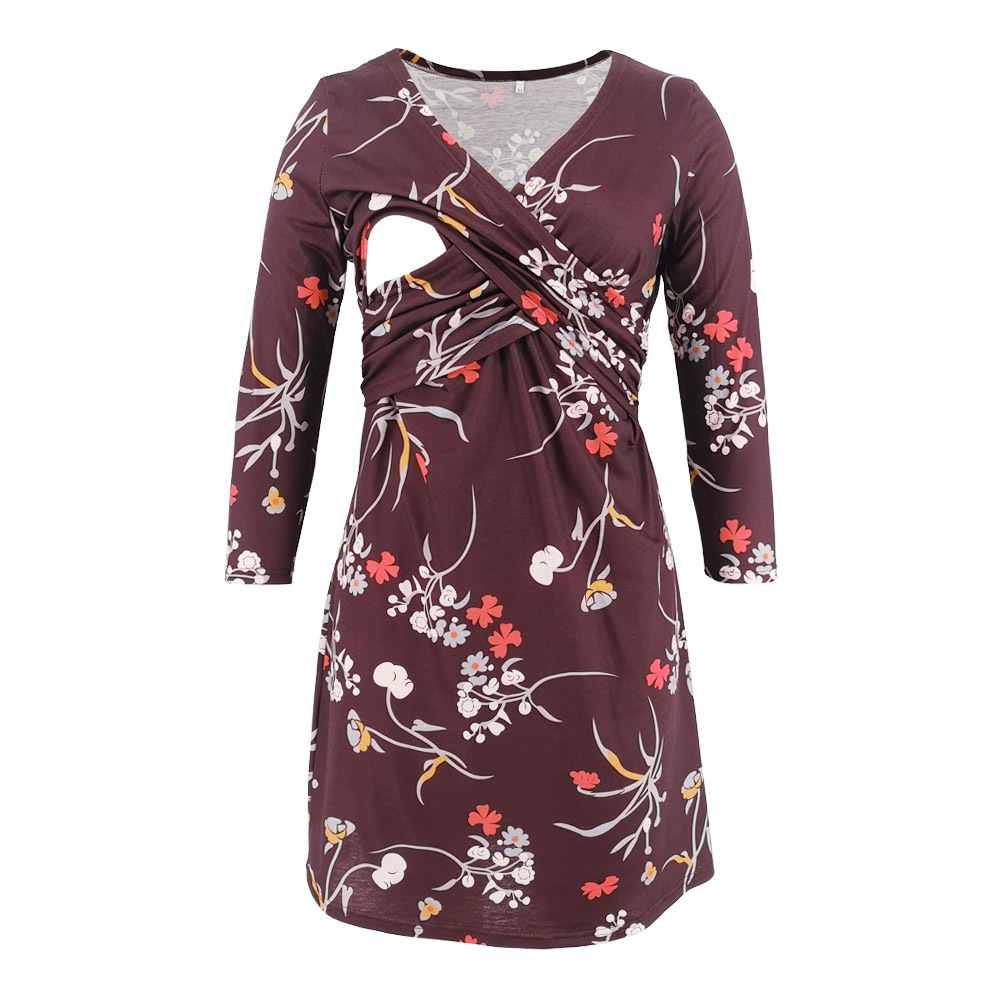 Maternity Printed Deep V Neck Cross Nursing Dress Party Dress-043