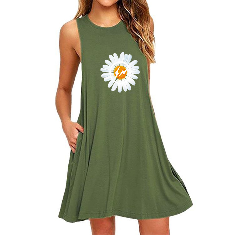 Daisy print sleeveless slim fit A-line dress female-026