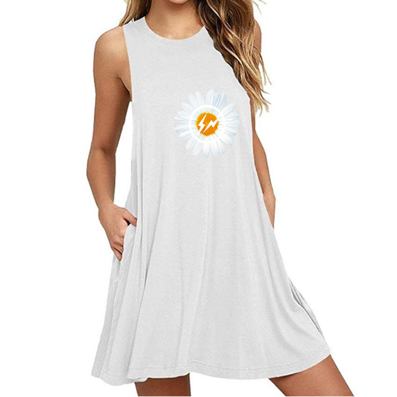 Daisy print sleeveless slim fit A-line dress female-026