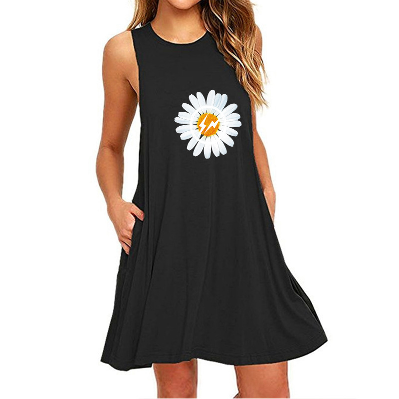Daisy print sleeveless slim fit A-line dress female-026