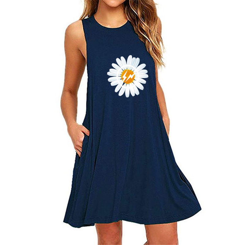 Daisy print sleeveless slim fit A-line dress female-026