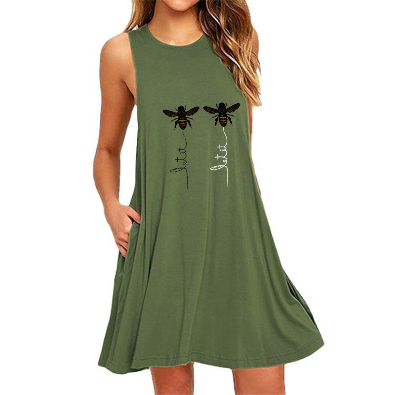 Bee print sleeveless jumpsuit pocket dress for women-037 01