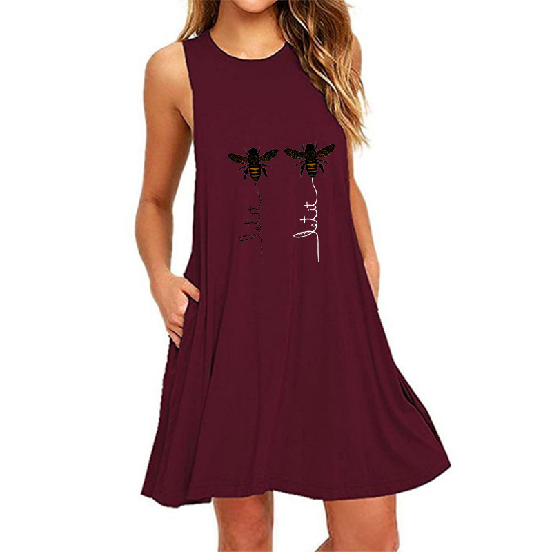 Bee print sleeveless jumpsuit pocket dress for women-037