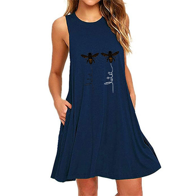 Bee print sleeveless jumpsuit pocket dress for women-037