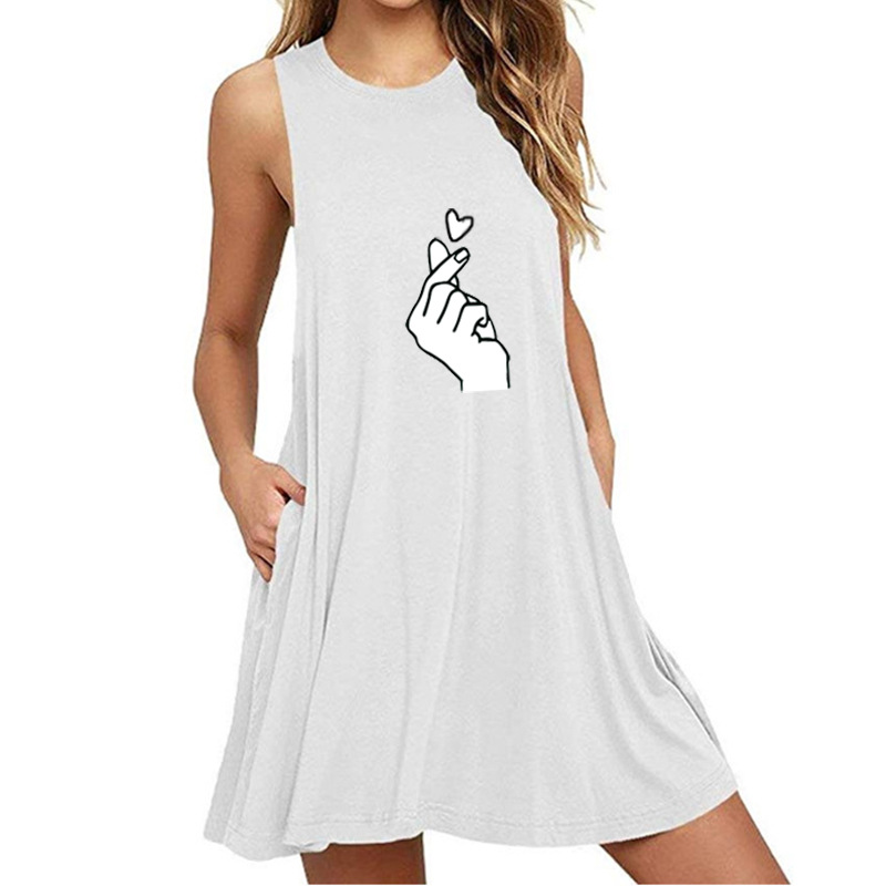 Love you gesture print sleeveless pocket A-line slim dress-024