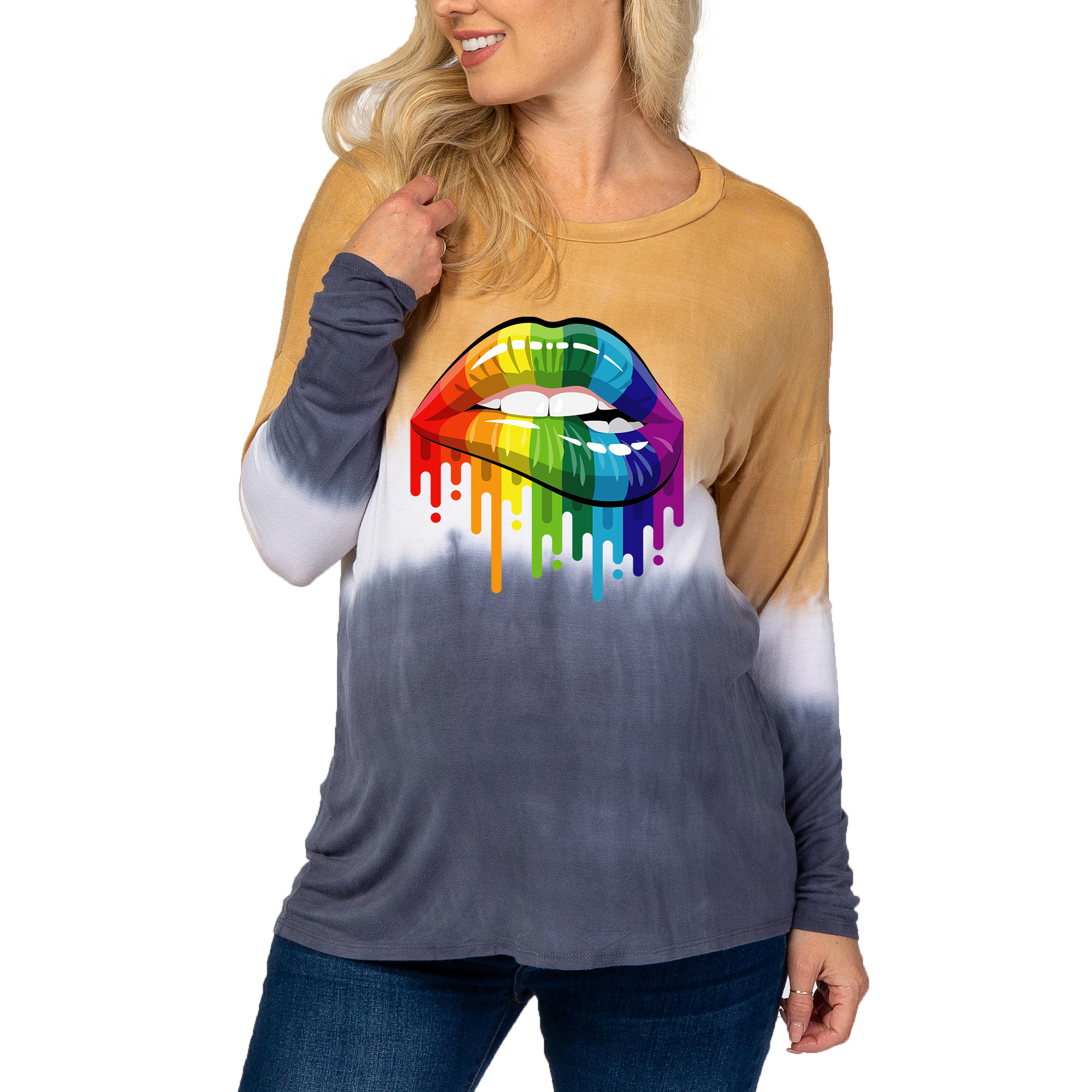 Tie-dyed gradient lip print long-sleeved T-shirt-046 01