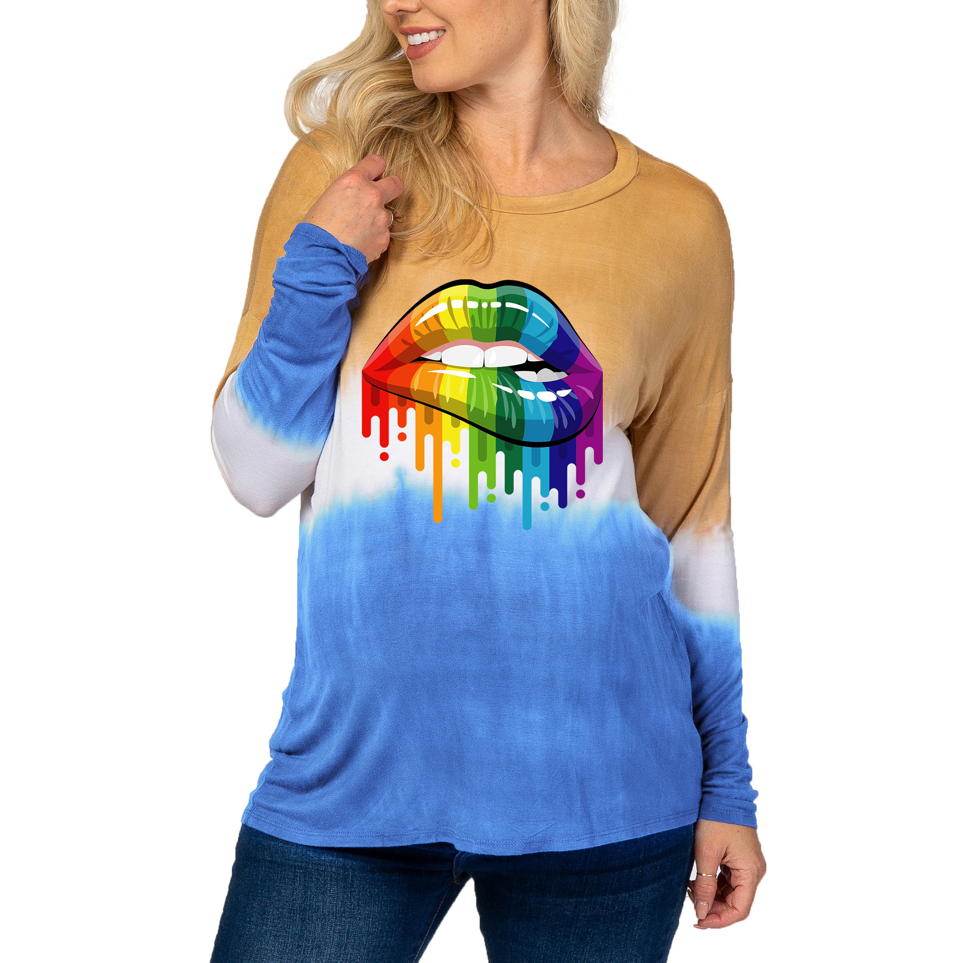 Tie-dyed gradient lip print long-sleeved T-shirt-046 02