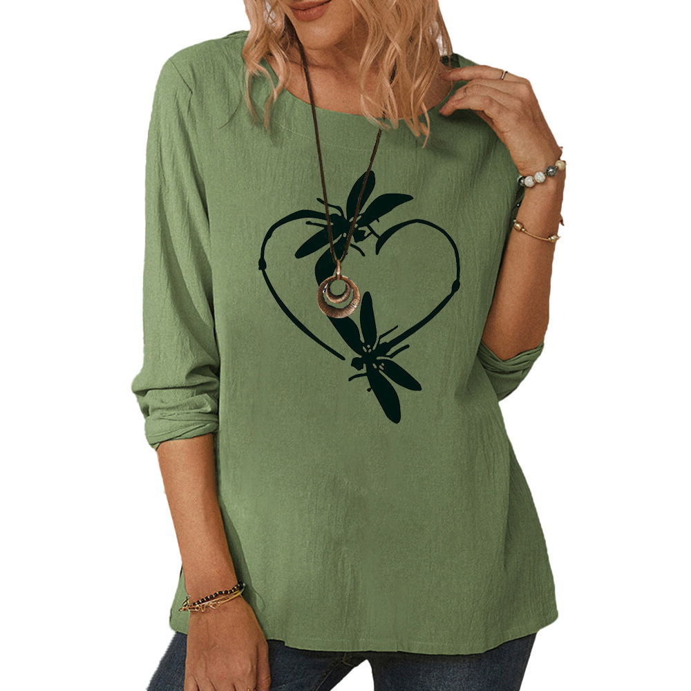 Women's round neck long sleeve dragonfly print casual loose top-016