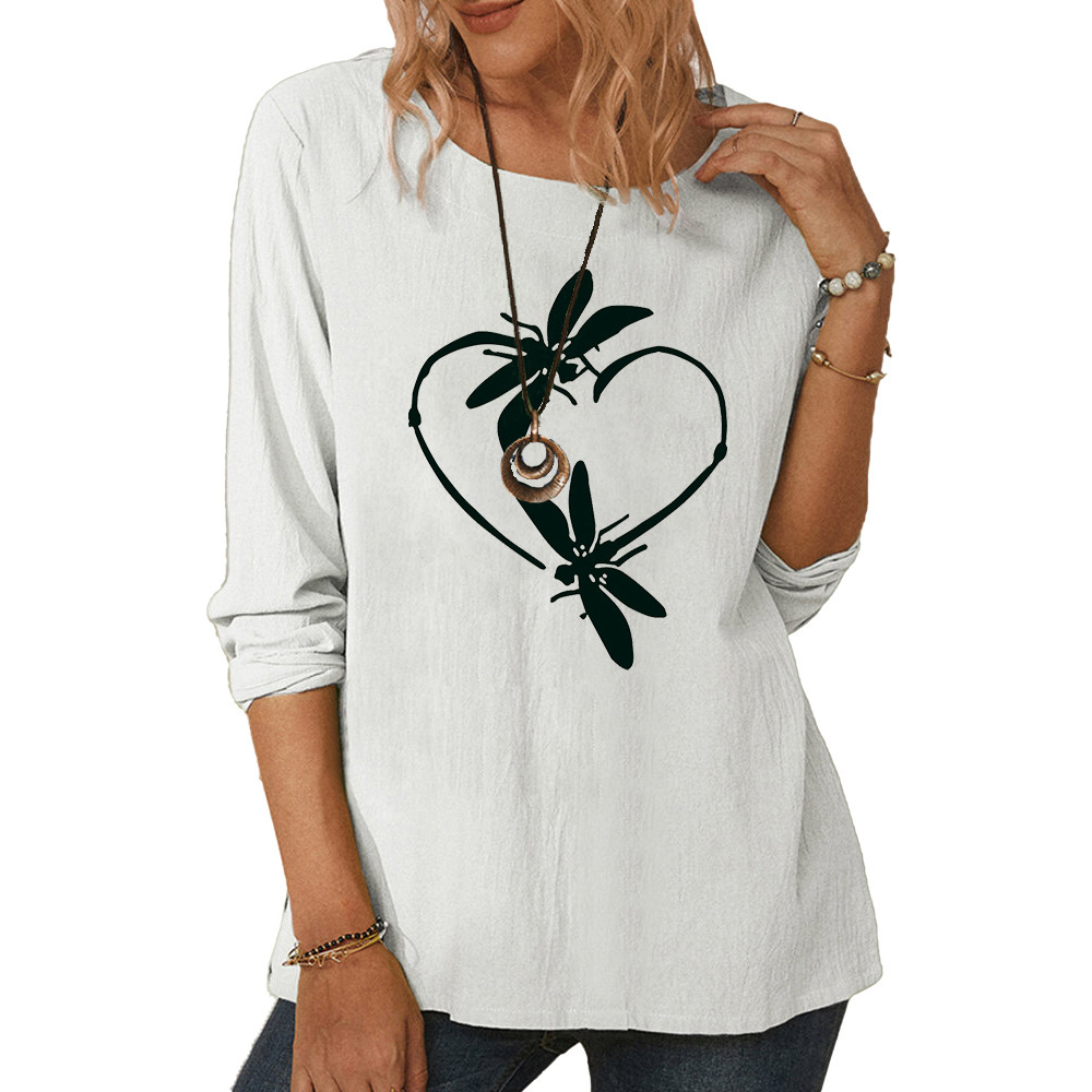 Women's round neck long sleeve dragonfly print casual loose top-016