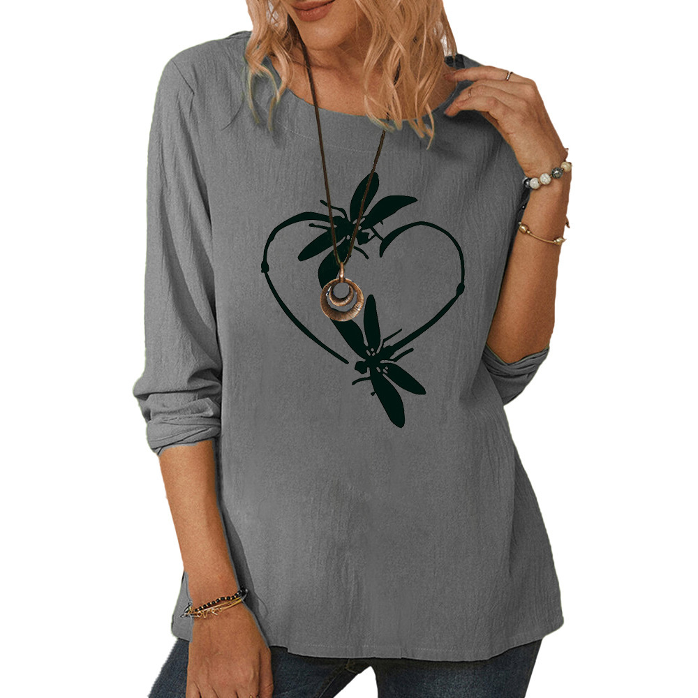 Women's round neck long sleeve dragonfly print casual loose top-016 02