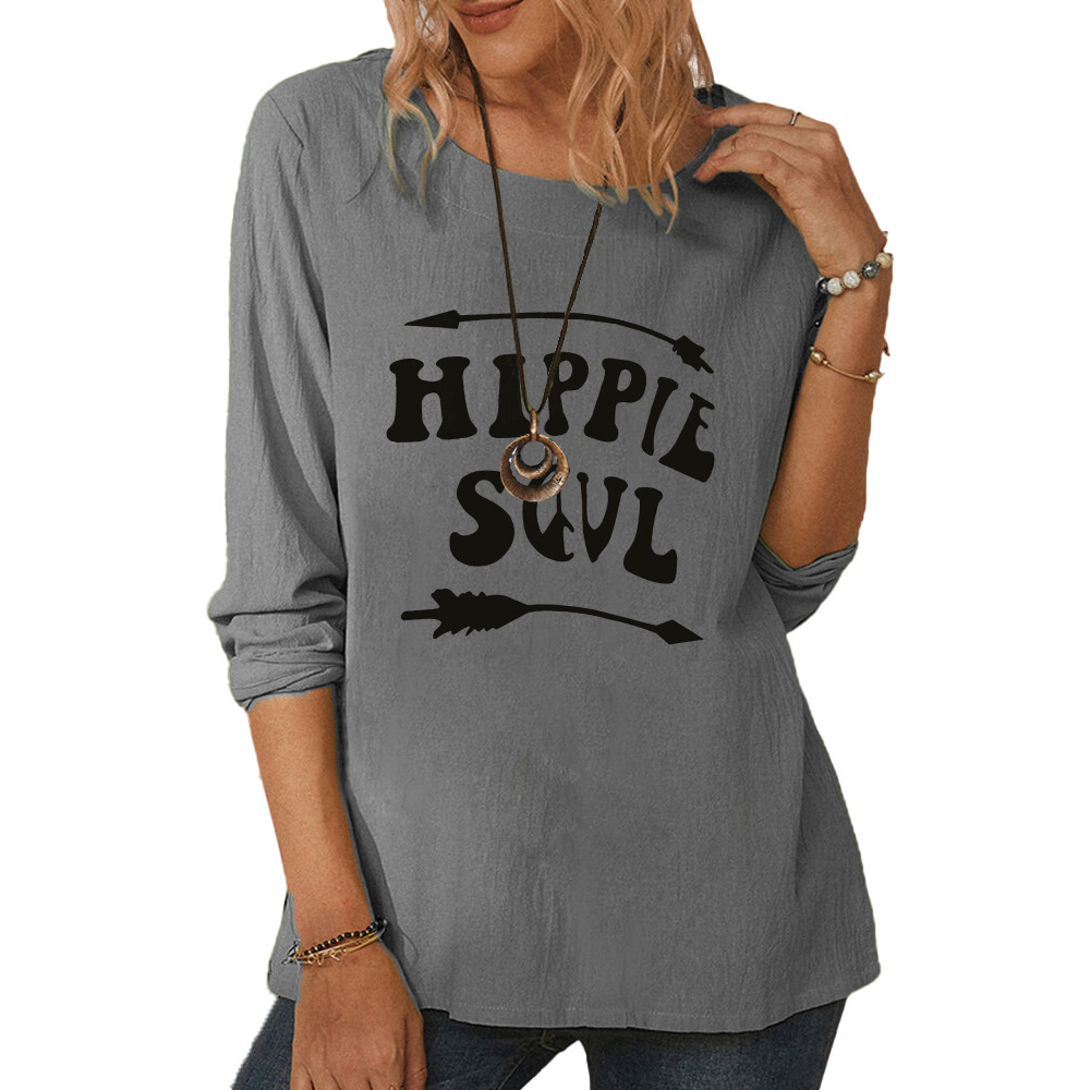 Women's round neck long sleeve hippie print casual loose top-008 02