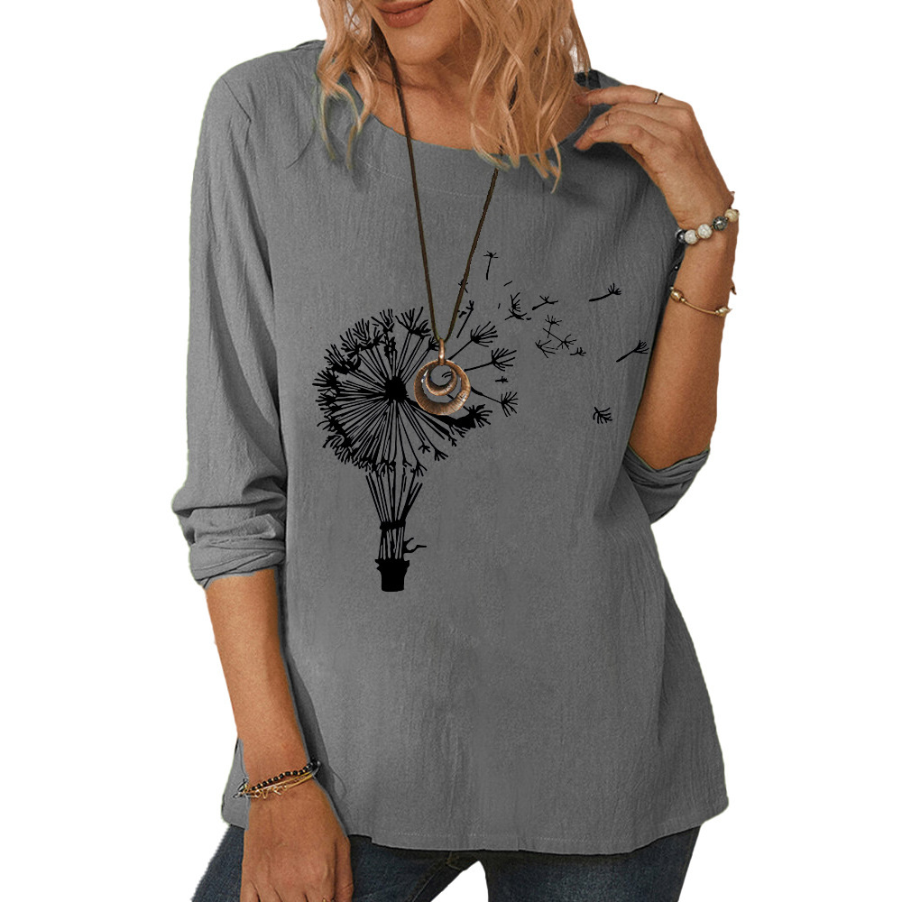 Round neck long sleeve dandelion print casual loose top-018 02