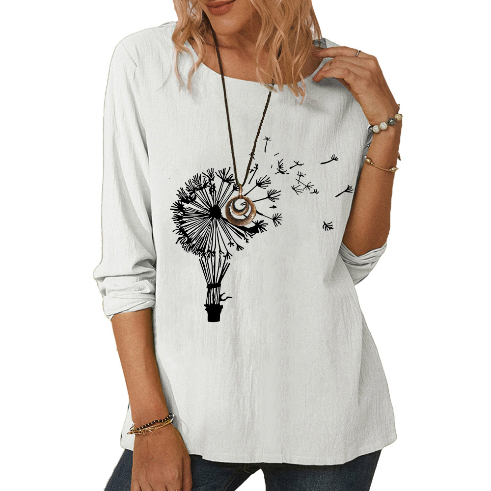 Round neck long sleeve dandelion print casual loose top-018